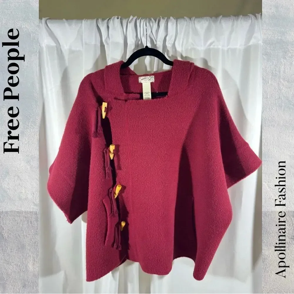 Free People Toggle Poncho In Wine Hooded OS one size